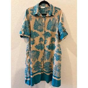 By Coco Italy Cotton Toile Tree Print Shirt Dress Teal Tan Roll Tab Sleeve Midi